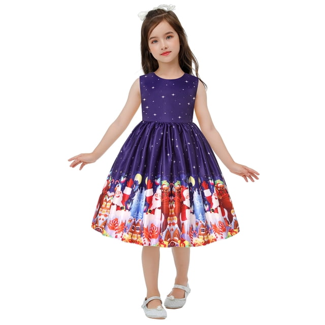 Vestido Para Niñas Ropa Para Niñas Bebés Cosplay De Navidad Falda Larga Estampado De Papá Noel Princesa Bowknot Vestido De Rendimiento Falda Vestido De Navidad Azul Odeerbi LM103-1223