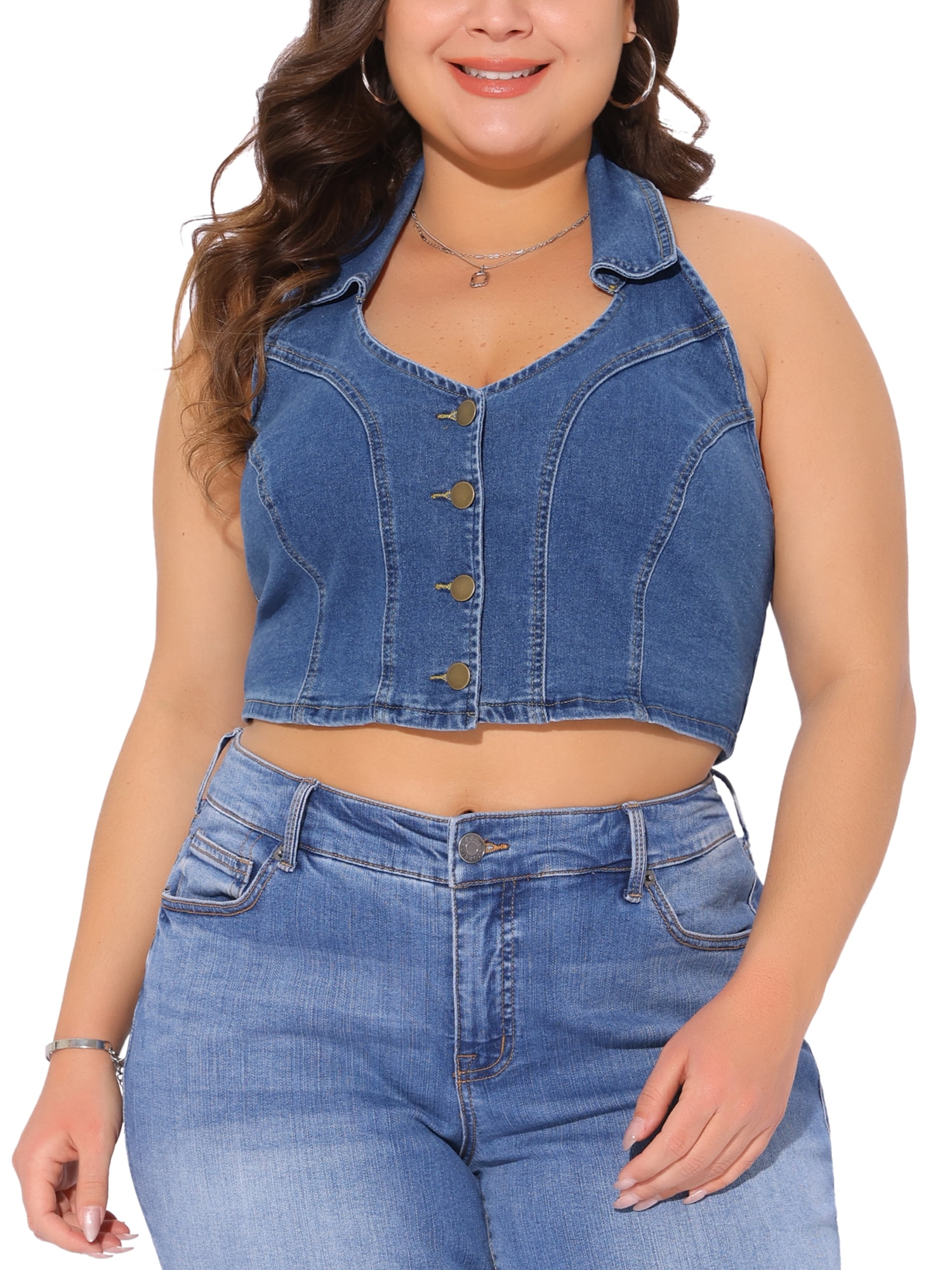 DARING DIVA Women's Plus Denim Vest V Neck Casual Jean Jacket 2X Blue