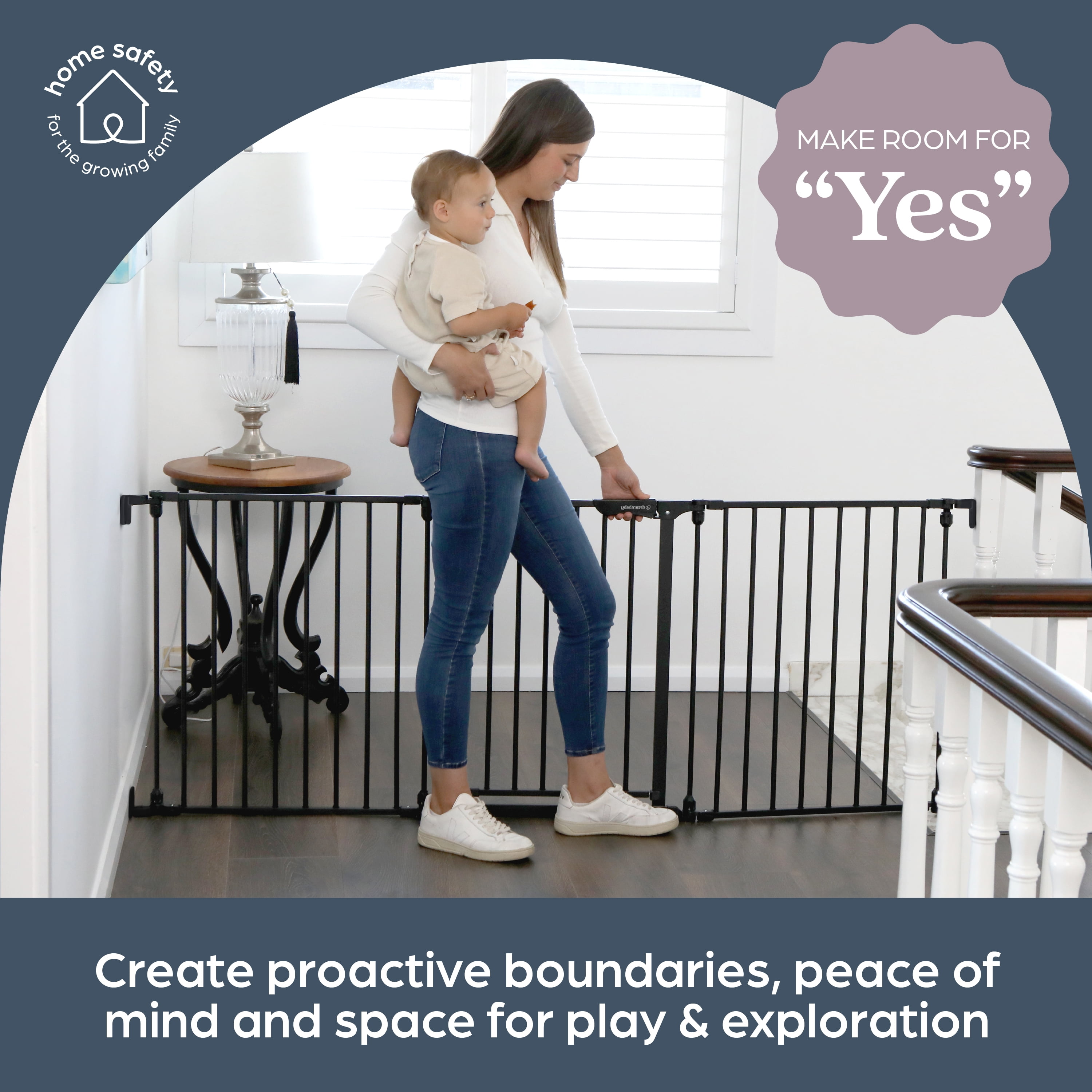 Dreambaby Discovery Metal Baby Gate - 76.5" Extra Wide 3 Panel Walk Through Door for Angled Openings, Configurable for Stairs and Hallways, 29in High