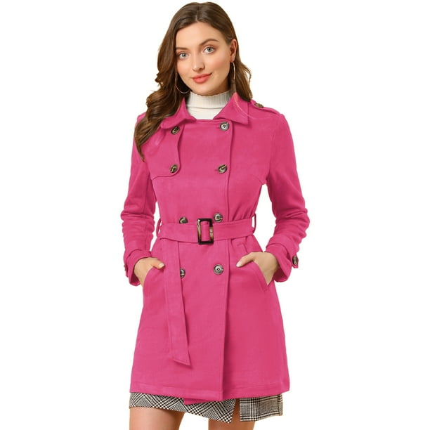 Gabardina de gamuza Sintética Allegra K con Doble Botonadura y Solapa con Muesca Rosa caliente XL
