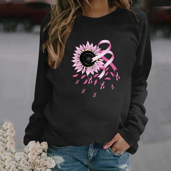 CLOISE Cancer Sweatshirt Women Breast Cancer Awareness Sweatshirt Floral Ribbon Pink Crewneck Long Sleeve Shirts Cancer Fight Blouses Comfy Pullover Tops Fall Clothes Black XL