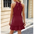 thumbnail image 5 of Honeeladyy Women Halter Neck Summer Mini Dresses Sleeveless Sundress with Belt Solid Color Ruffled Hem A-Line Beach Mini Dress Red L, 5 of 5