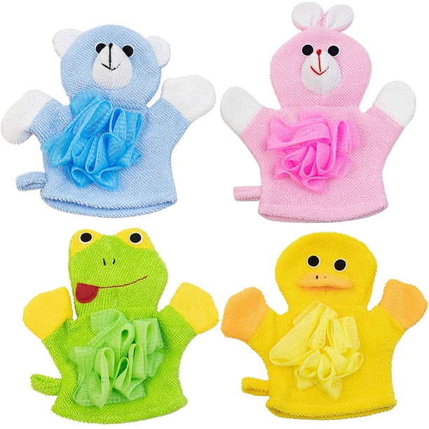 suministros de baño Paquete de 4 guantes de esponja de baño de tela de rizo de dibujos animados, guantes de toalla de marioneta de mano bonita para muñeca, guantes de baño Zhivalor WMZY-802