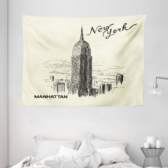 New York Decor Tapestry, Urban Decor Architecture Theme Skyscrapers in Manhattan Illustration, Wall Hanging for Bedroom Living Room Dorm Decor, 80W X 60L Inches, Black Egg Shell, by Ambesonne