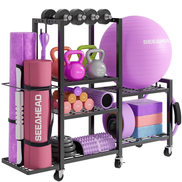 Estante de almacenamiento para gimnasio en casa SEEAHEAD de 6 niveles con ruedas