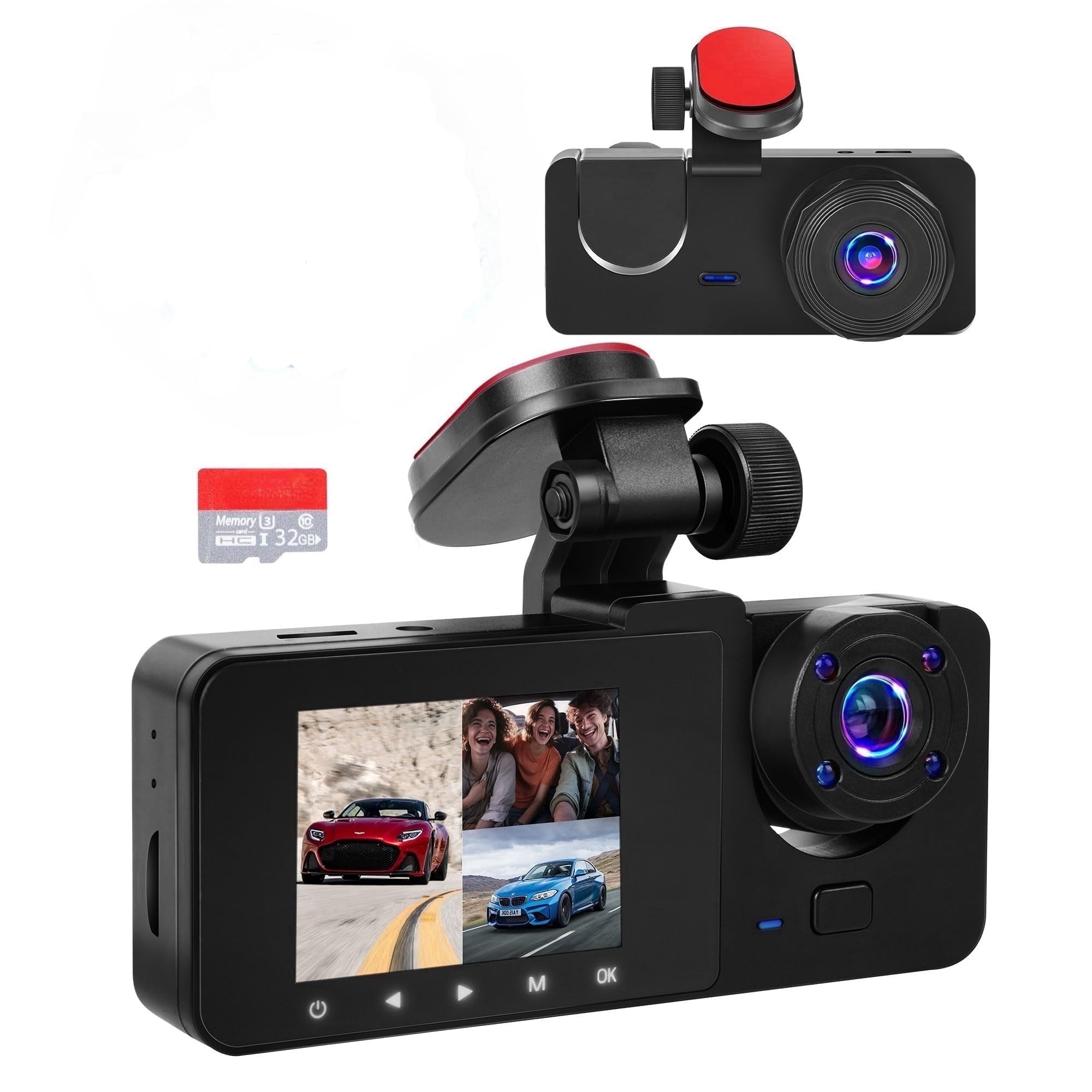 3 Channel Dash Cam, 4K+1080P Front/Rear/Inside Triple Car Camera with 32GB Card, Built-in G-Sensor & 2’’ IPS Display for Vehicles