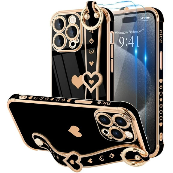 IPhone 15 Pro Case with Strap, Cute Love-Hearts Design, Kickstand, [2× Screen Protectors], Plating Edge Protective Case for Girls (6.1")