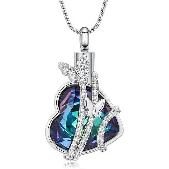 Crystal Butterfly Urn Necklace for Ashes Stainless Steel Heart Cremation Pendant Memorial Jewelry Loved Ones Bereavement Keepsake Gift for Women
