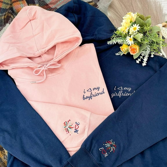 Custom Couple Embroidered I Love My Girlfriend Boyfriend Matching Hoodie Anniversary Gift Ideas Valentine's Day