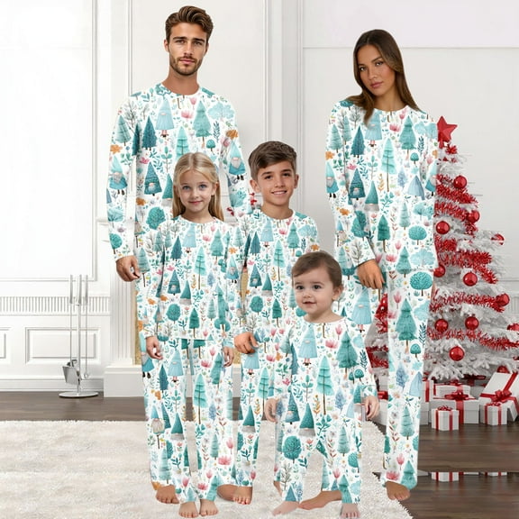 2PCS Funny Family Christmas Pajamas Matching Sets – White Long Sleeve Top & Pants with Christmas Tree and Pine Print, Holiday Loungewear Sleepwear Outfit, Xmas PJs for Family & Adults