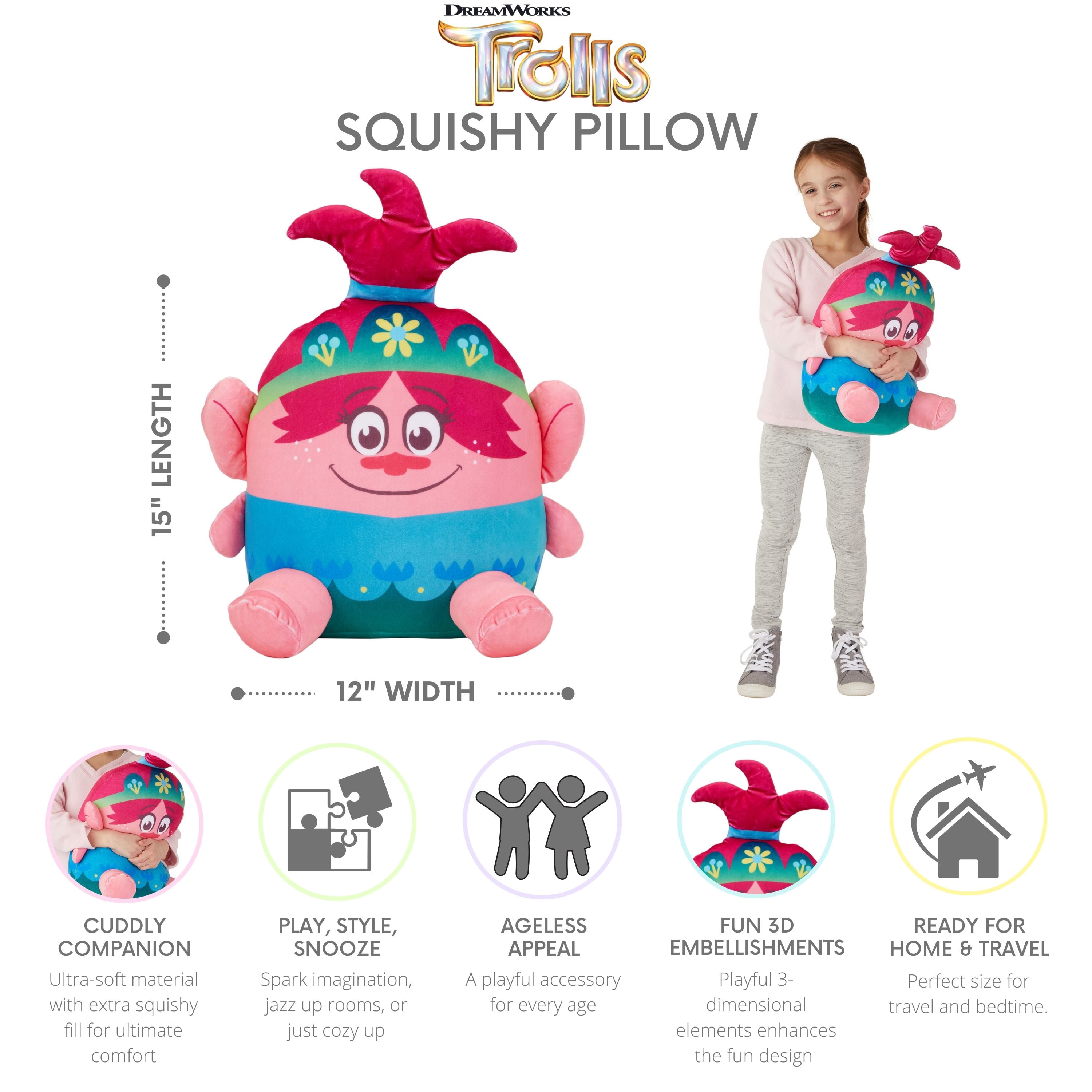 Trolls Poppy Kids Squishy Pillow, Decorative Bedding, 15" Tall