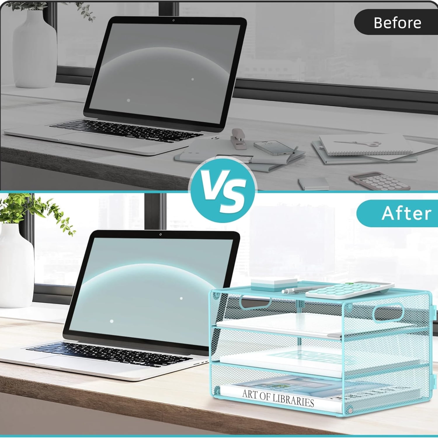 INTIGE 3-Tier File Organizer with Handles, Mesh Desktop Storage Cabinet, Suitable for Home and Office