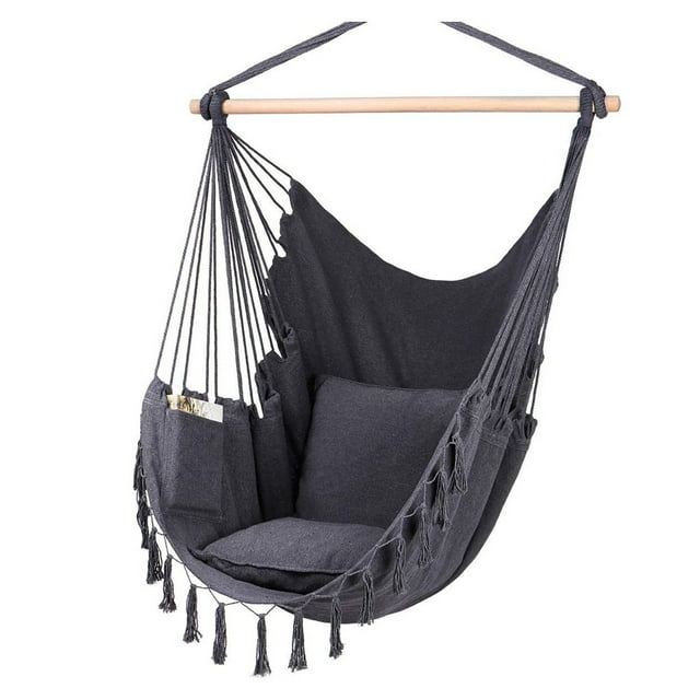 Hammock Chair Hanging Rope Swing, Max 500 Lbs, 2 Seat Cushions Included, Quality Cotton Weave for Superior Comfort, Durability with Hardware Kit