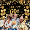 thumbnail image 2 of Pancarta de feliz cumpleaños número 60, decoración para fiesta, saludos a 60 años, fiesta de cumpleaños, telón de fondo negro dorado para 60 (71 x 45 pulgadas), 2 of 5
