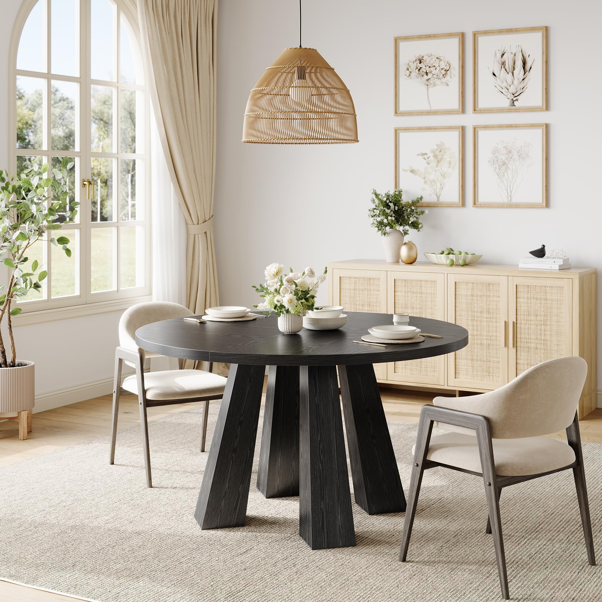 47" Round Farmhouse Dining Table for 4 | Sturdy Kitchen Table & Breakfast Nook Centerpiece Space-Saving Design for Dining Room (Table Only)