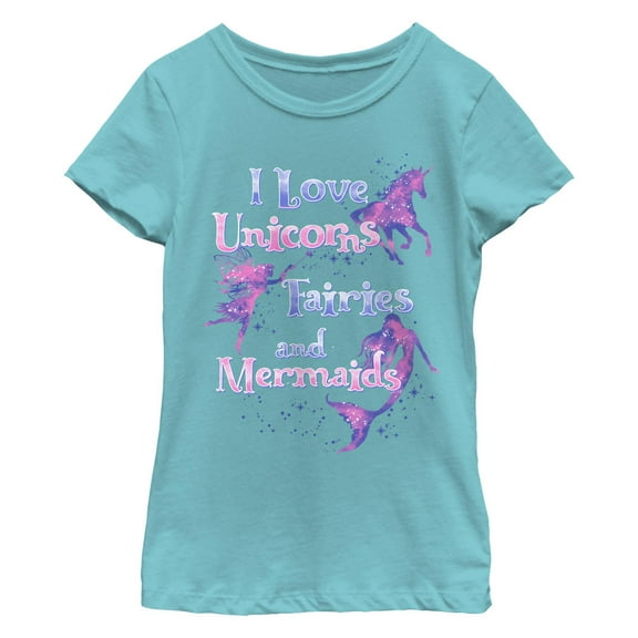 Girl's Lost Gods I Love Unicorns Fairies and Mermaids  Graphic T-Shirt