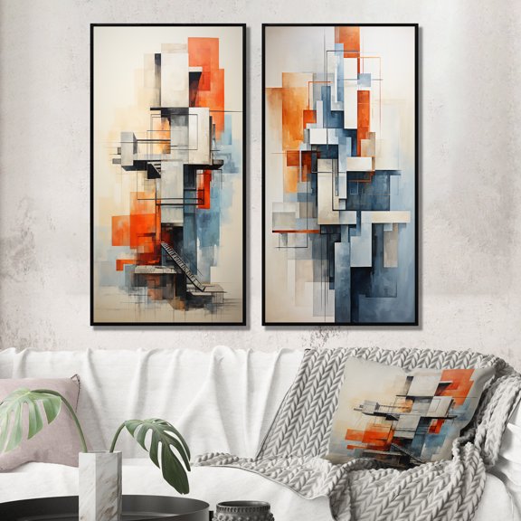 Designart "Colorful Mid Century modern Architectures II" Abstract Framed Wall Art Set Of 2 - Multi-Color Abstract Framed Wall Art Set Of 2