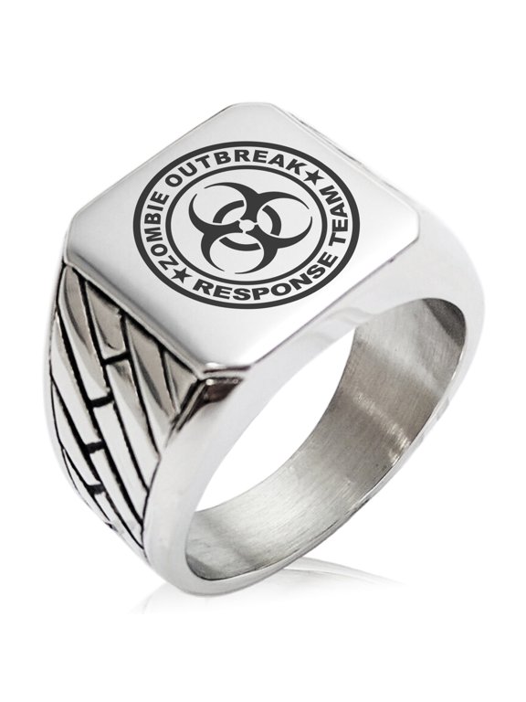 Stainless Steel Zombie Outbreak Response Team Geometric Pattern Biker Style Polished Ring