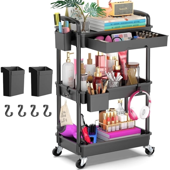 Yeabett 3 Tier Rolling Utility Cart Organizer with Removable Drawer, Mobile Storage Carts with 2 Lockable Wheels for Bathroom, Kitchen, Snack, Craft, Makeup, Baby Essentials, Black