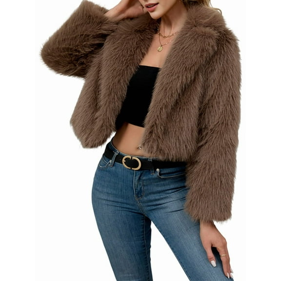 Women'S Winter Coats Fleece Cropped Jacket Faux Fur Long Sleeve Pockets Warm Outerwear Fall Clothes Dark Khaki L