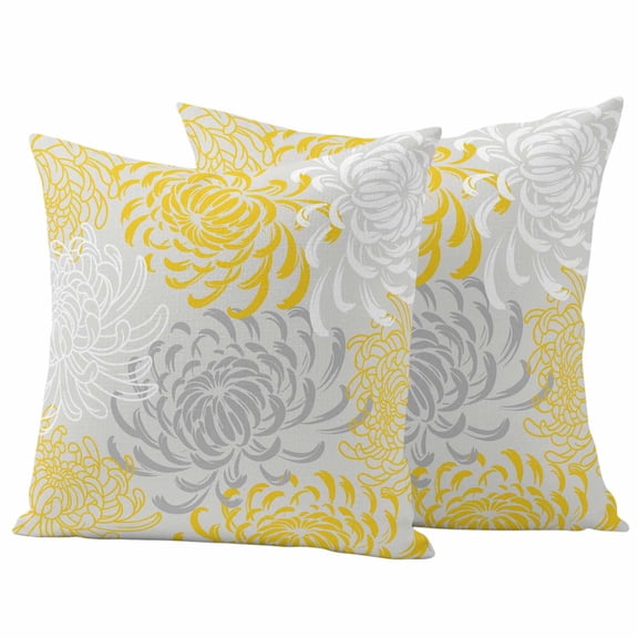 Yellow White Outdoor Waterproof Pillow Covers, Abstract Grey Chrysanthemum Flower Floral Decorative Square Throw Pillowcase Sofa Cushion Sham for Patio/Couch/Chair, 16"x16" 2 Pack