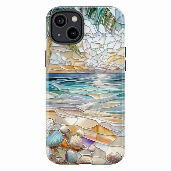 Stained Glass Beach Sunset Phone Case | Seashell & Ocean Art – Dual Layer for iPhone 16/15/14/13/12/11 Pro Max