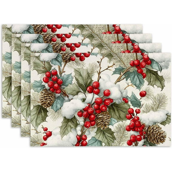 Winter Holly Placemat Set of 4 Seasonal Placemats Christmas Snow Table Mats for Indoor Outdoor Home Party Dining Decor Farmhouse Burlap Table Mats 12x18 Inch