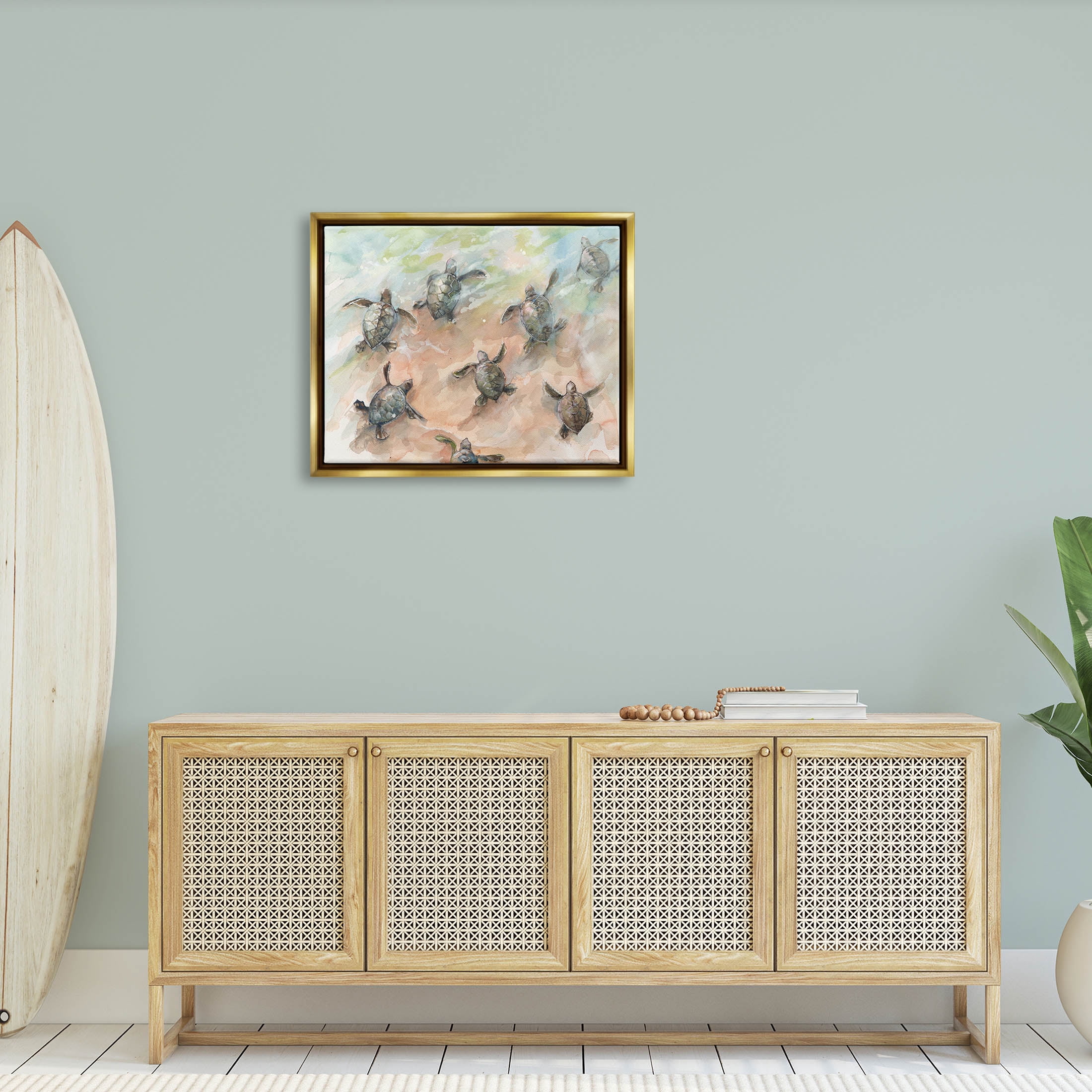 Baby Sea Turtles Swimming Shore Animals & Insects Painting Metallic Gold Framed Art Print Wall Art