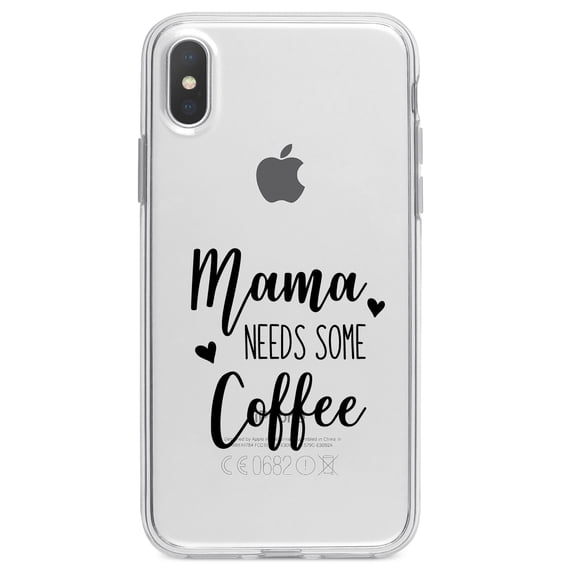 DistinctInk Clear Shockproof Hybrid Case for iPhone XR (6.1" Screen) - TPU Bumper Acrylic Back Tempered Glass Screen Protector - Mama Needs Some Coffee