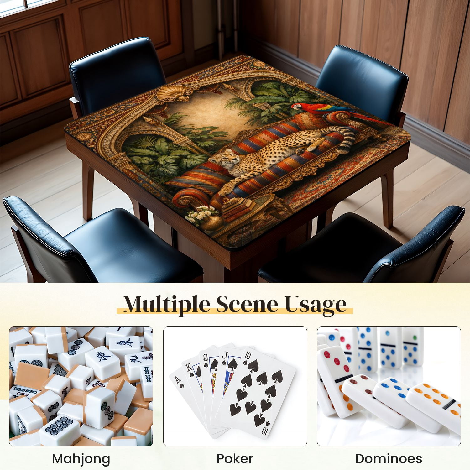 Mahjong Mat 31.5" x 31.5" Regal Cheetah Ornate Sofa Vibrant Parrot Greenery Non-Slip Noise Reduction Mahjong Tiles Table Cover for Dominoes Poker Card Board and Tile Games