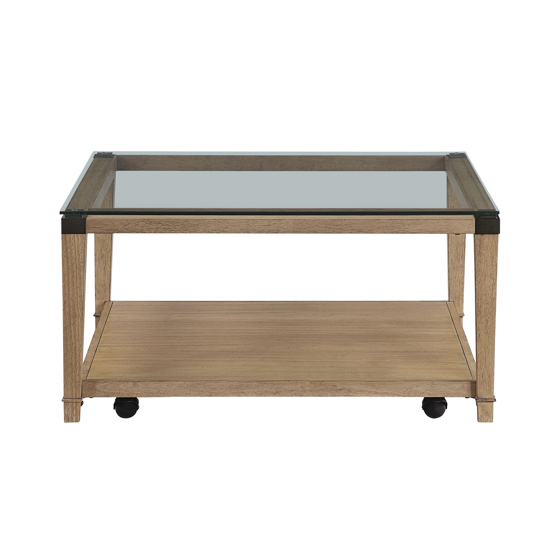 OakvillePark Velor Wood Coffee Table with Tempered Glass Top, Open Shelf, Casters, Brown