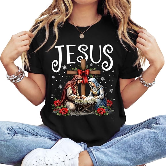 Women's Long Sleeve Crew Neck "Jesus" Nativity Graphic T-Shirt - Faith-Based Christmas Holiday Tee