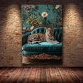 thumbnail image 2 of Mudket Vintage Leopard on Teal Velvet Sofa Framed Canvas Wall Art, Floral Jungle Cheetah Print Room Decor for Women Living Room, Bedroom, Home Office, Ready to Hang - 24"L x 16"W, 2 of 10