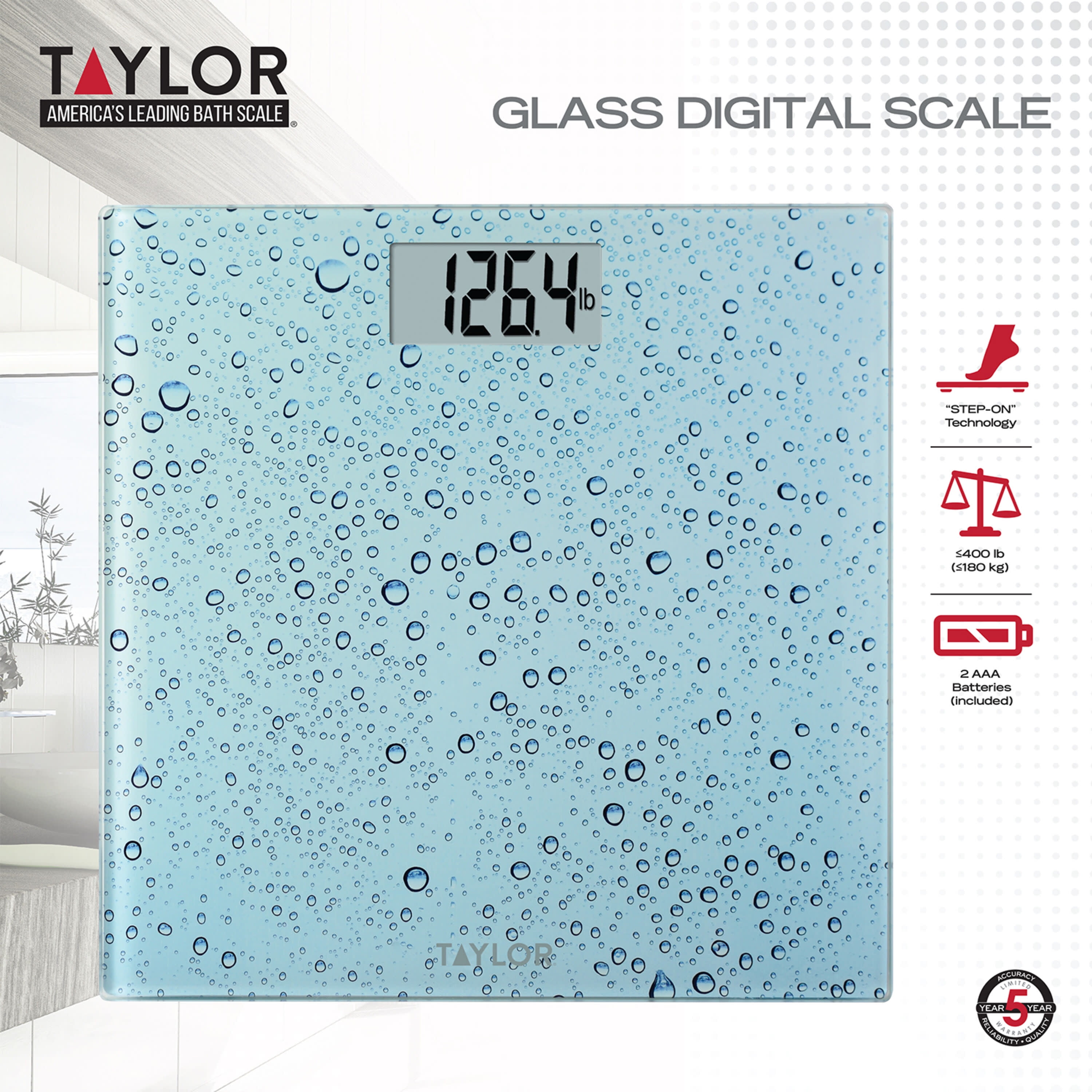 Taylor Digital Glass Bathroom Scale with Water Drop Blue Finish