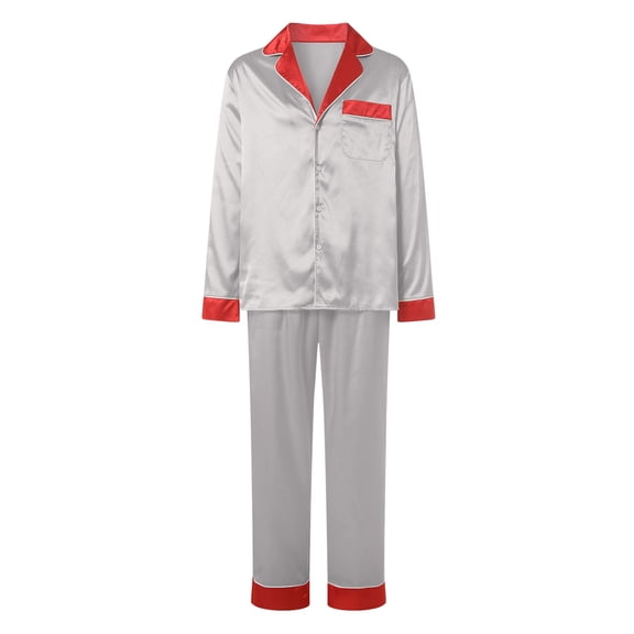 Duqingm Holiday Pajamas Matching Family Christmas Pajamas Set, Silk Satin Long Sleeve Button Down Comfy Loungewear for Couples, Men, Women Grey,XL