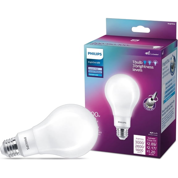 XIULIN 200-150-100W A21 6-Pack BrightDial DayXIULIN (5000K) 3000-2600-1600 LXIULINn (24-18-10W = 200-150-100W) Frosted Flicker-Free XIULIN Bulbs