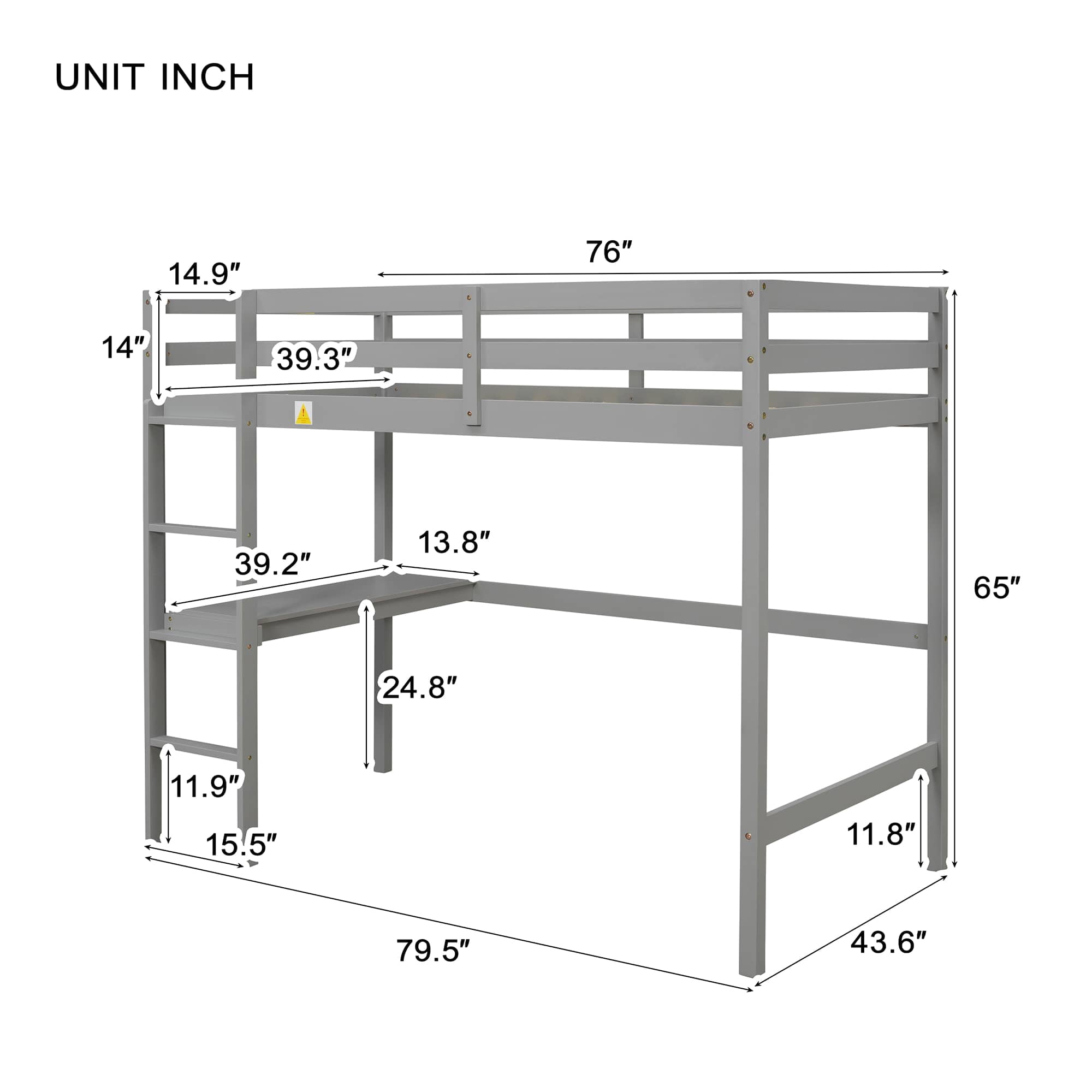 MAYEERTY Twin Loft Bed Pine Wood Bed Frame with Desk Guardrails Ladder,Grey