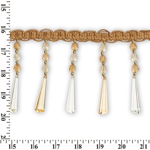Tapered Baguette Beaded Rhinestone Tassel Fringe 5 & 3/8" Wide Polyester Trim Sold By The Yard - Gold