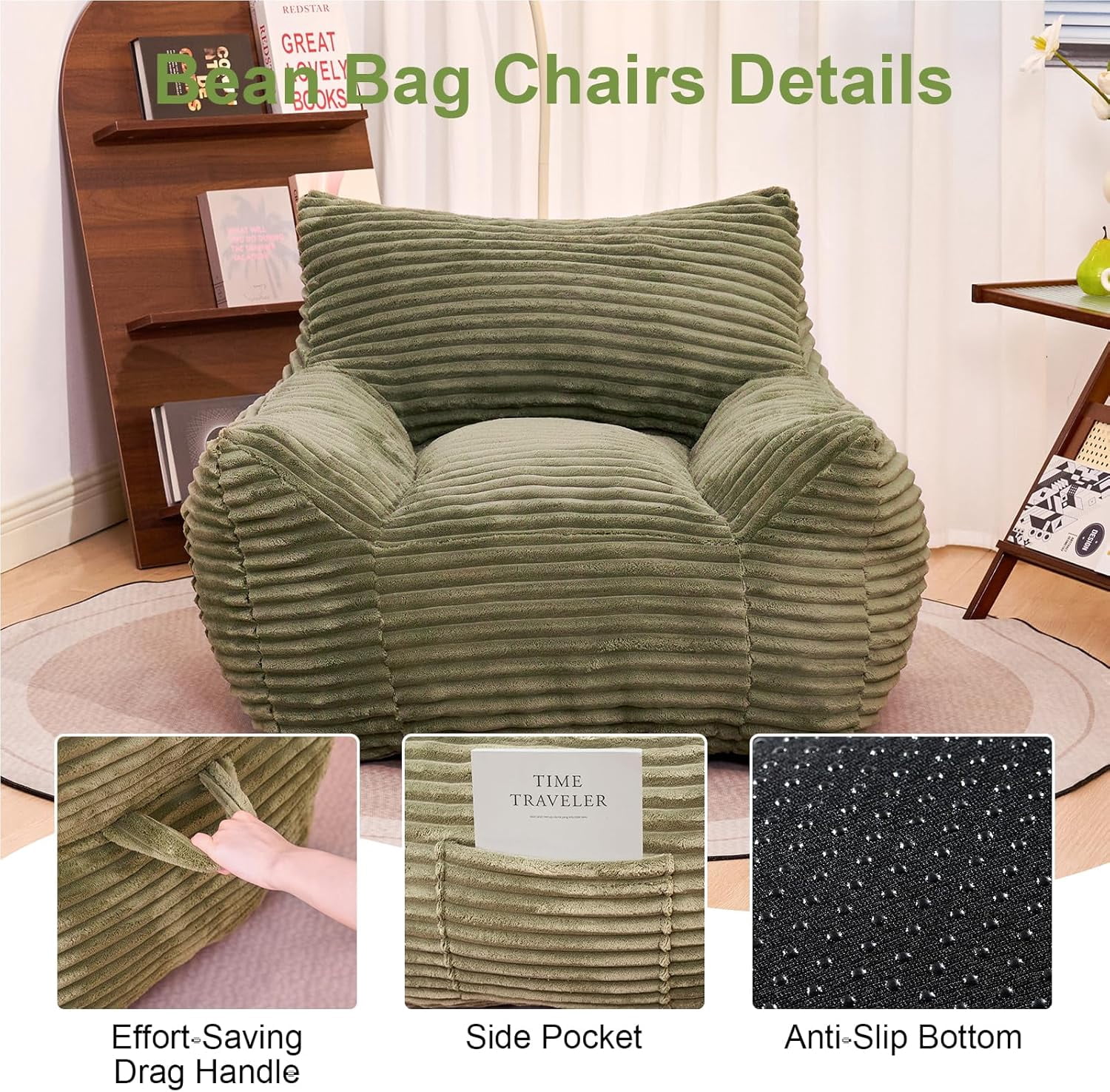 Ywen Bean Bag Chair for Adults & Kids, Giant Bean Bag Sofa with Side Pocket, Corduroy Beanbag Chair with Armrests, Comfy Stuffed Floor Sofa for Living Room Bedroom Dorm, Green