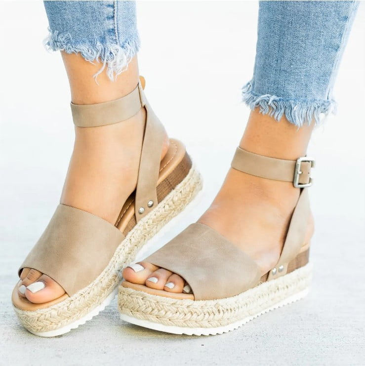 Word Buckle Sandals Flat Heel Platform 