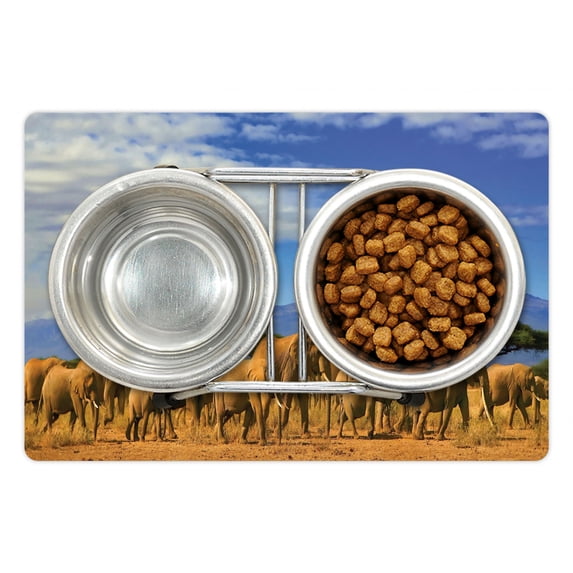 Snow Mountain Pet Mat for Food and Water, African Elephant Herd Passing by Snow-capped Mount Kilimanjaro, Non-Slip Rubber Mat for Dogs and Cats, 18" X 12", by Ambesonne