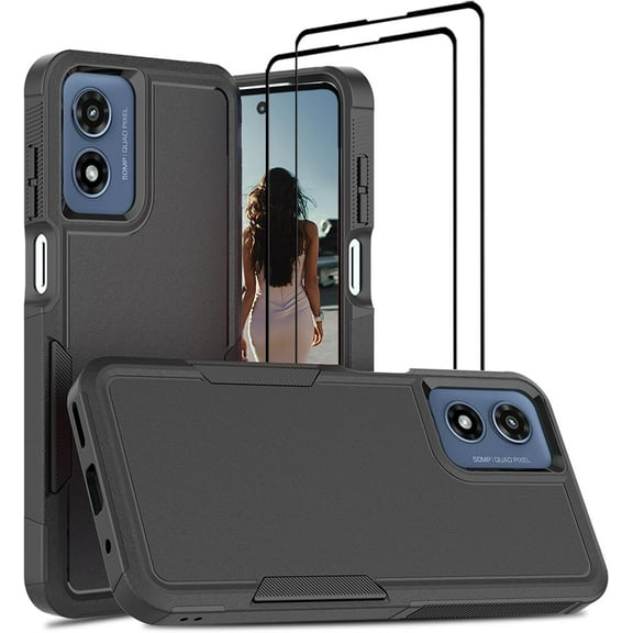 for Motorola G Play 4G (2024) Case, Moto G Play 4G Case with 2 Pack Screen Protector, Heavy Duty Shockproof Non Slip Rugged Bumper Protective Phone Case Cover, Matte Black