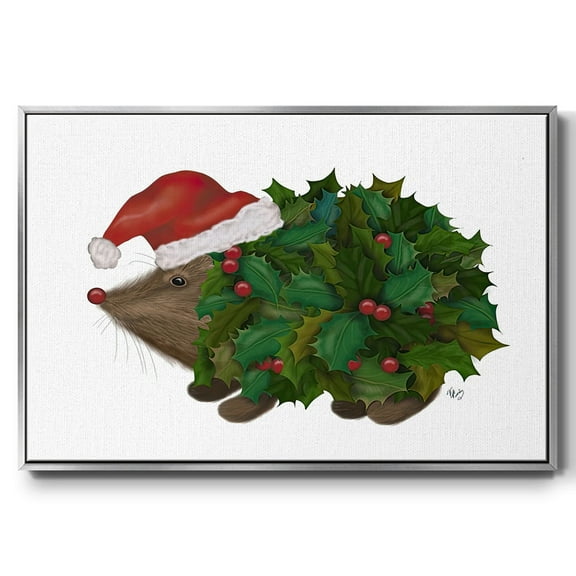 Christmas Holly Hedgehog - Framed Gallery Wrapped Holiday Canvas - 17 x 25 - Silver Frame