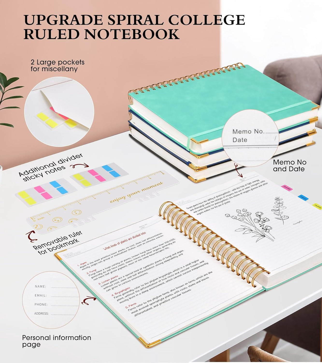 5.75"×8.38" A5 Leather Hardcover Spiral Notebook, 300 Pages, 100GSM College Ruled Journal for School Work, Teal