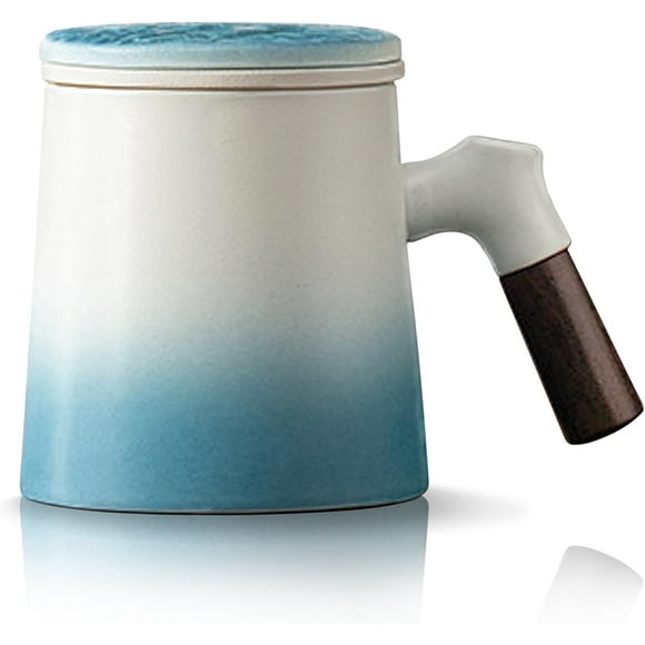 Blue and White Tea Cups with Wooden Handle Ceramic Tea Mug with Infuser and Lid Mug for Infusing Loose Leaf Tea