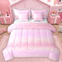 Feelyou Pink Starry Sky Bedding Comforter Set 7pcs, Stars Sequin Print King Bedding Sets, Modern Abstract Artwork Reversible Bed Sheets, Microfiber Bedroom Decor