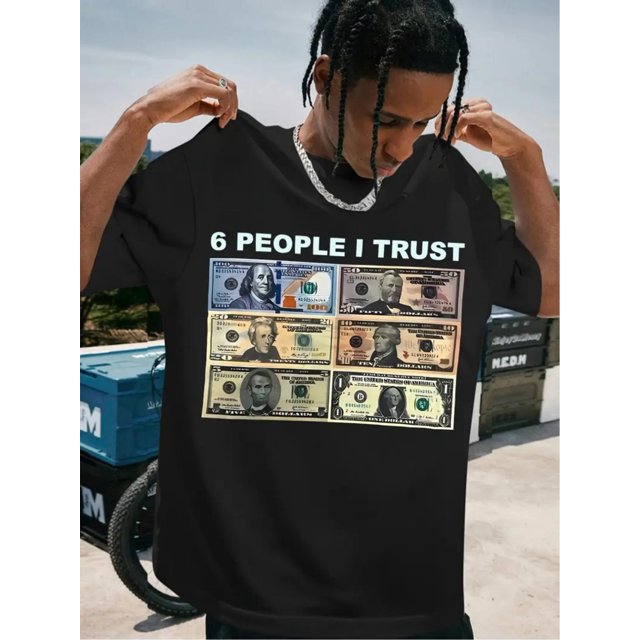 Men's " 6 People I Trust" Graphic Cotton T-Shirt - Casual Round Neck Short Sleeve, 100% Cotton Knit Fabric, Black with Dollar Bill Design, All-Season Comfort Fit, Cotton T Shirts, PLUS SIZE
