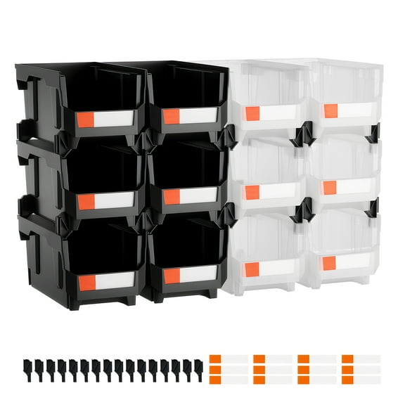 KFFKFF Plastic Stackable Storage Bins, 14.8 x 8.5 x 7.1 inch (12 Pack), Durable Containers for Organizing Garage Items, Small Parts, Office Supplies, and Accessories, Black & Transparent