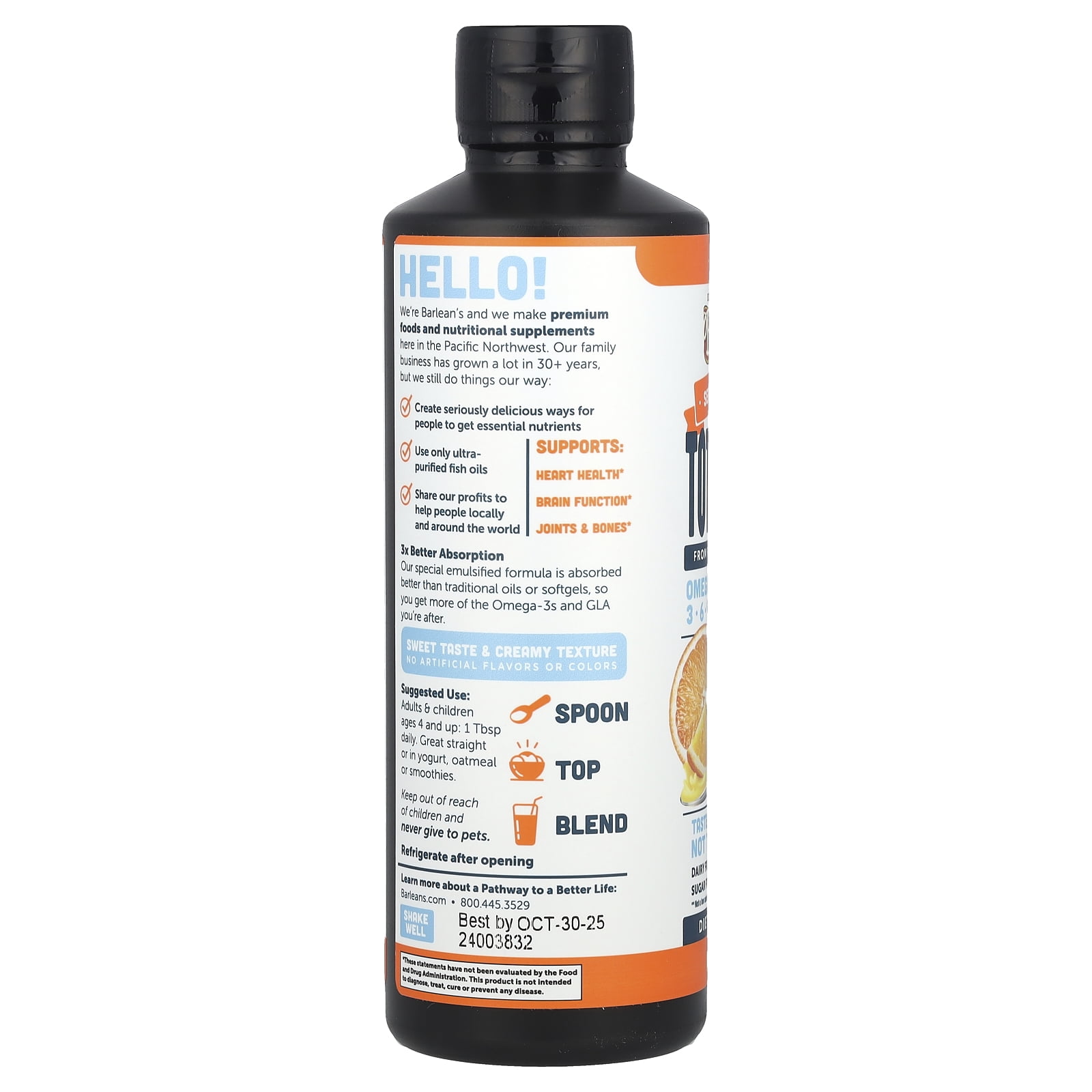 Barlean's Total Omega®, Omega 3-6-9, Orange Creme, 2,400 mg, 16 oz (454 g)