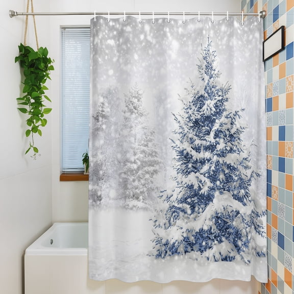 Shower Curtain, Winter Christmas Blue Tree Waterproof Polyester Fabric Bath Curtain with Hooks for Bathroom Bathtub Stalls, Snowy Season Snowflakes 72x84IN